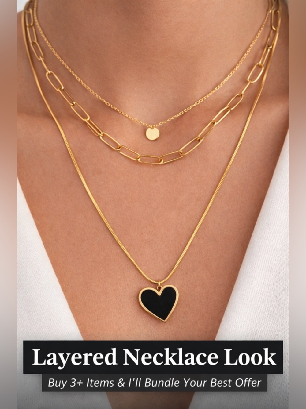 Gold Heart Necklace with Black Inlay
